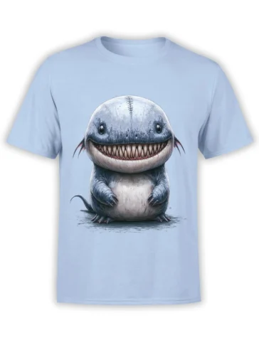 Light blue unisex t-shirt featuring a chubby shark monster with a stitched head and huge toothy grin in detailed fantasy style