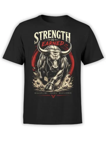 Black unisex T-shirt with a charging bull and “Strength Is Earned” motivational text in bold red and cream graphic style