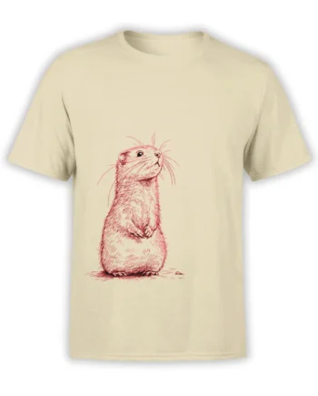 Beige unisex t-shirt featuring a detailed red line drawing of a standing hamster with folded paws in a vintage sketch style