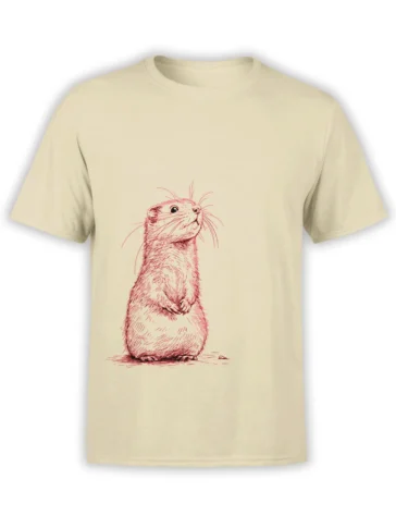 Beige unisex t-shirt featuring a detailed red line drawing of a standing hamster with folded paws in a vintage sketch style