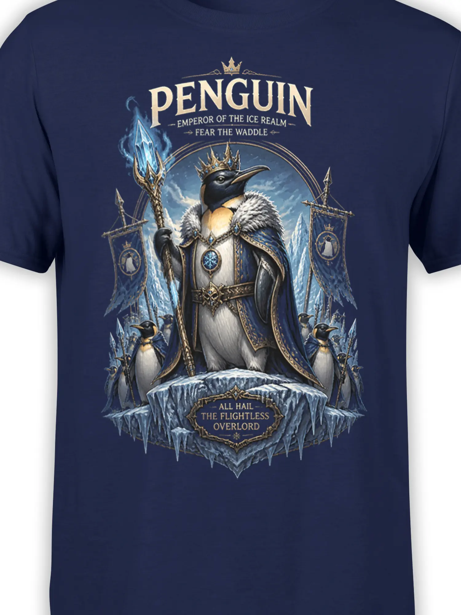 Close-up of penguin emperor artwork showing crown, fur-trimmed robe, icy pedestal, and crystal staff on navy fabric