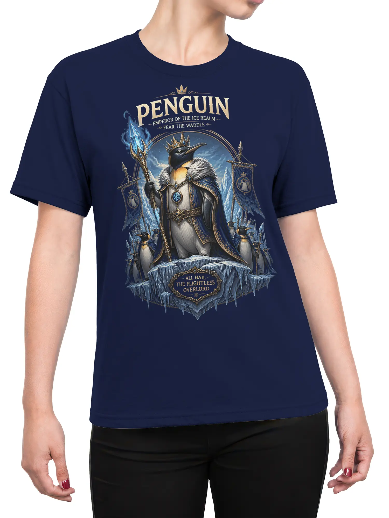 Woman wearing navy penguin emperor fantasy T-shirt with crowned bird overlord and icy realm design