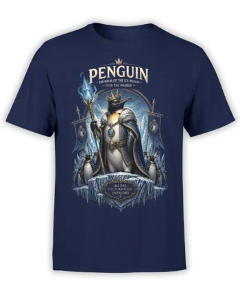 Front view of navy unisex T-shirt featuring an epic crowned penguin emperor with crystal staff and icy throne fantasy artwork