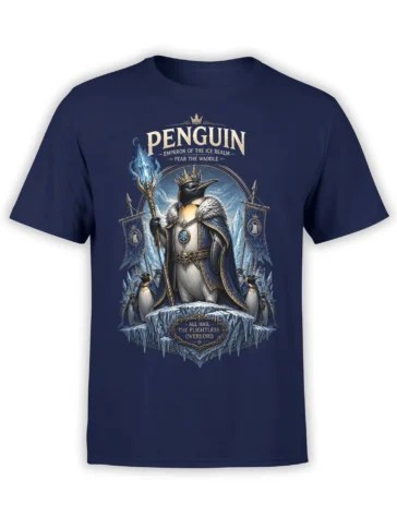 Front view of navy unisex T-shirt featuring an epic crowned penguin emperor with crystal staff and icy throne fantasy artwork