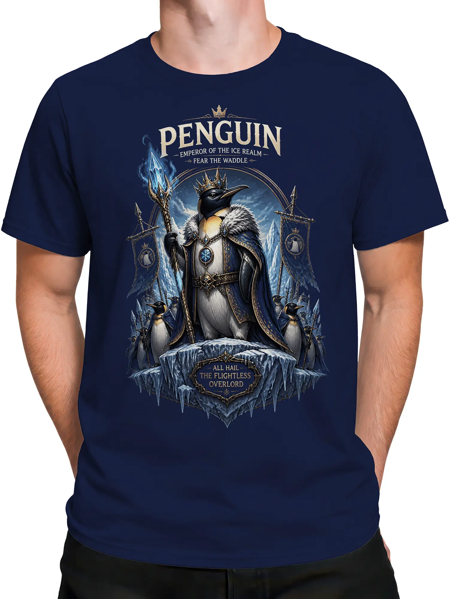 Man wearing navy penguin emperor graphic tee with crowned overlord and ice realm illustration