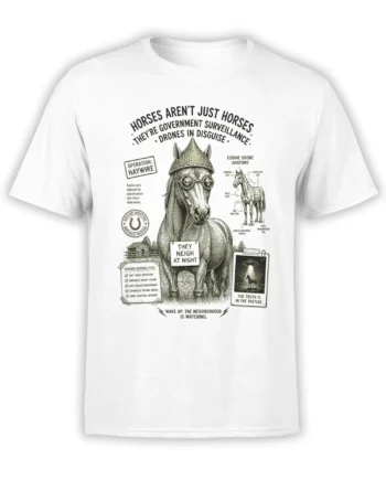 white unisex t-shirt with vintage conspiracy diagram of a surveillance horse drone and humorous text about horses as government drones