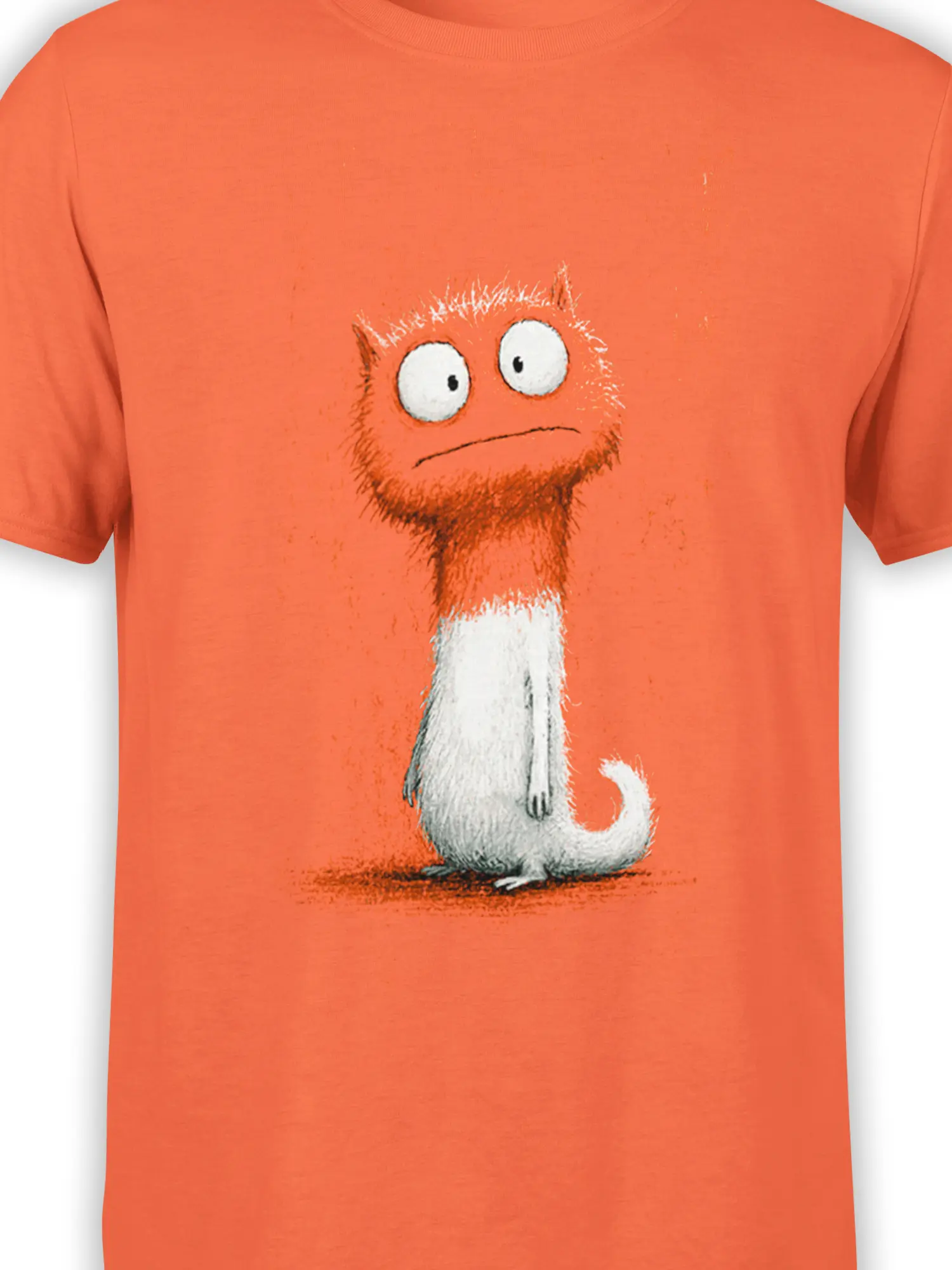 close-up of the bewildered cartoon cat graphic showing big eyes, shaggy fur, and orange to white body on the orange shirt