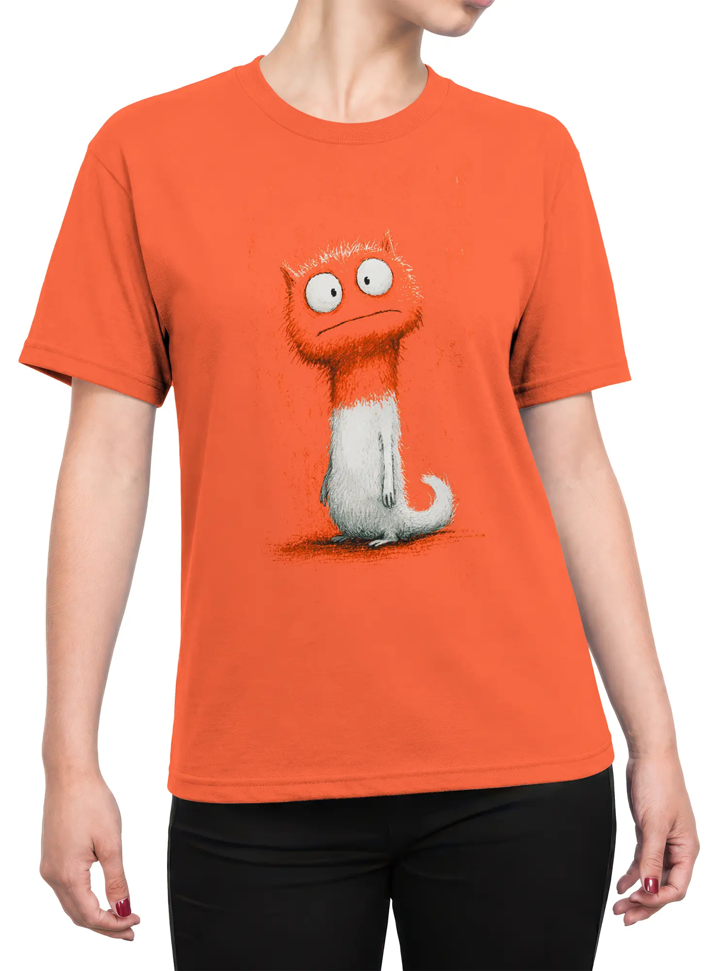 female model wearing orange t-shirt with bewildered cartoon cat graphic centered on the chest