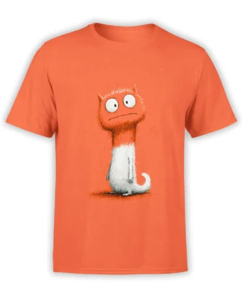 front view of orange unisex t-shirt with a wide-eyed bewildered cartoon cat illustration sitting upright in the center