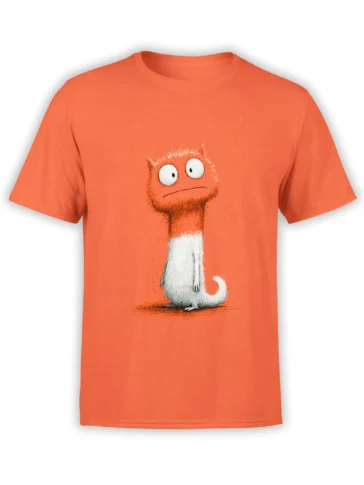 front view of orange unisex t-shirt with a wide-eyed bewildered cartoon cat illustration sitting upright in the center
