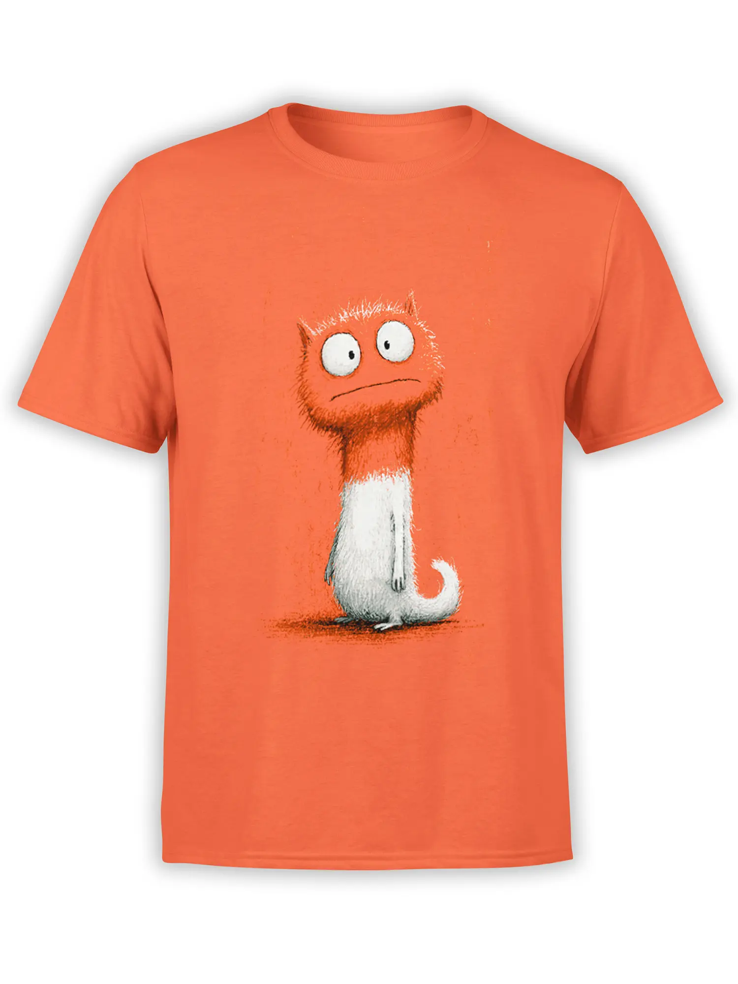front view of orange unisex t-shirt with a wide-eyed bewildered cartoon cat illustration sitting upright in the center