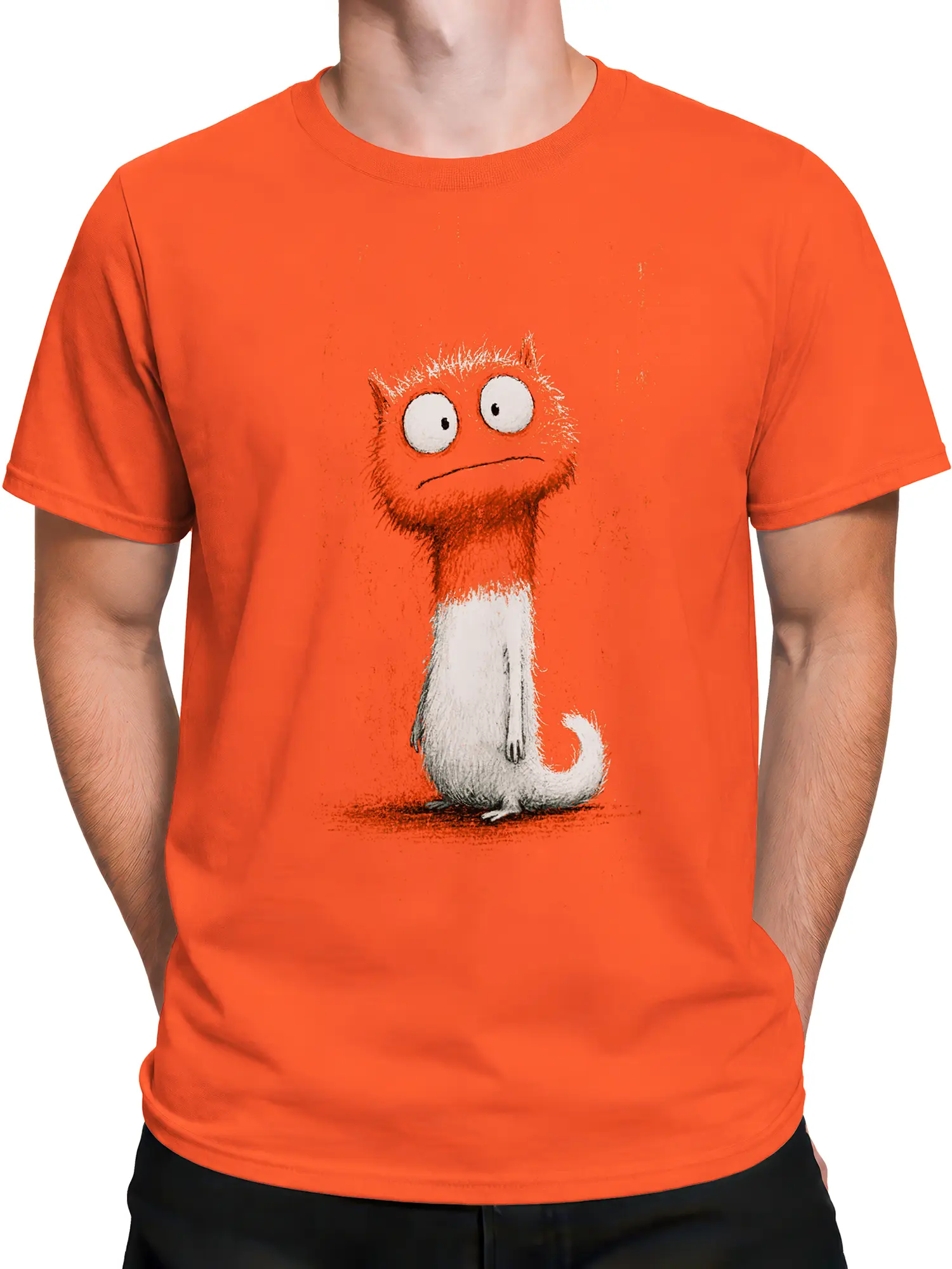 male model wearing orange t-shirt featuring a sitting bewildered cartoon cat illustration on the front
