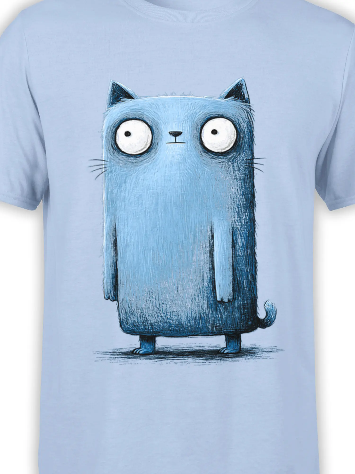 Close-up of the blue cartoon cat graphic showing the big round eyes and textured sketch lines on the light blue shirt fabric.