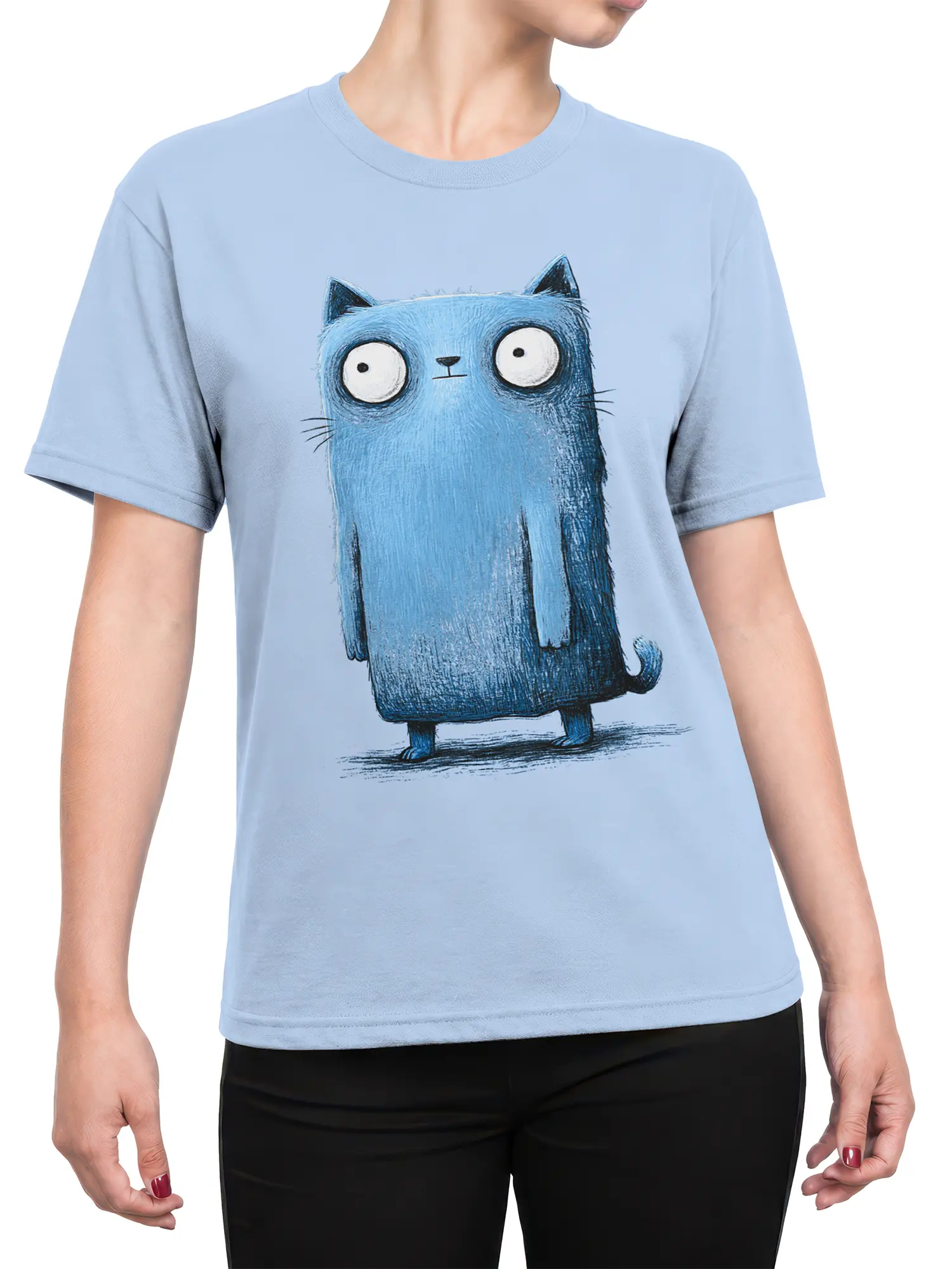 Woman wearing a light blue tee with a tall blue cartoon cat standing upright and staring blankly with oversized eyes.