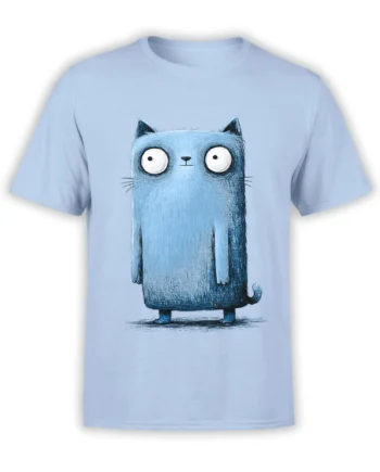 Light blue unisex t-shirt with a tall blue cartoon cat standing upright and staring with huge round eyes in a sketchy hand-drawn style.