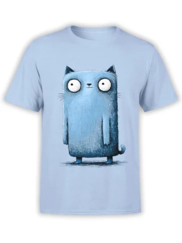 Light blue unisex t-shirt with a tall blue cartoon cat standing upright and staring with huge round eyes in a sketchy hand-drawn style.
