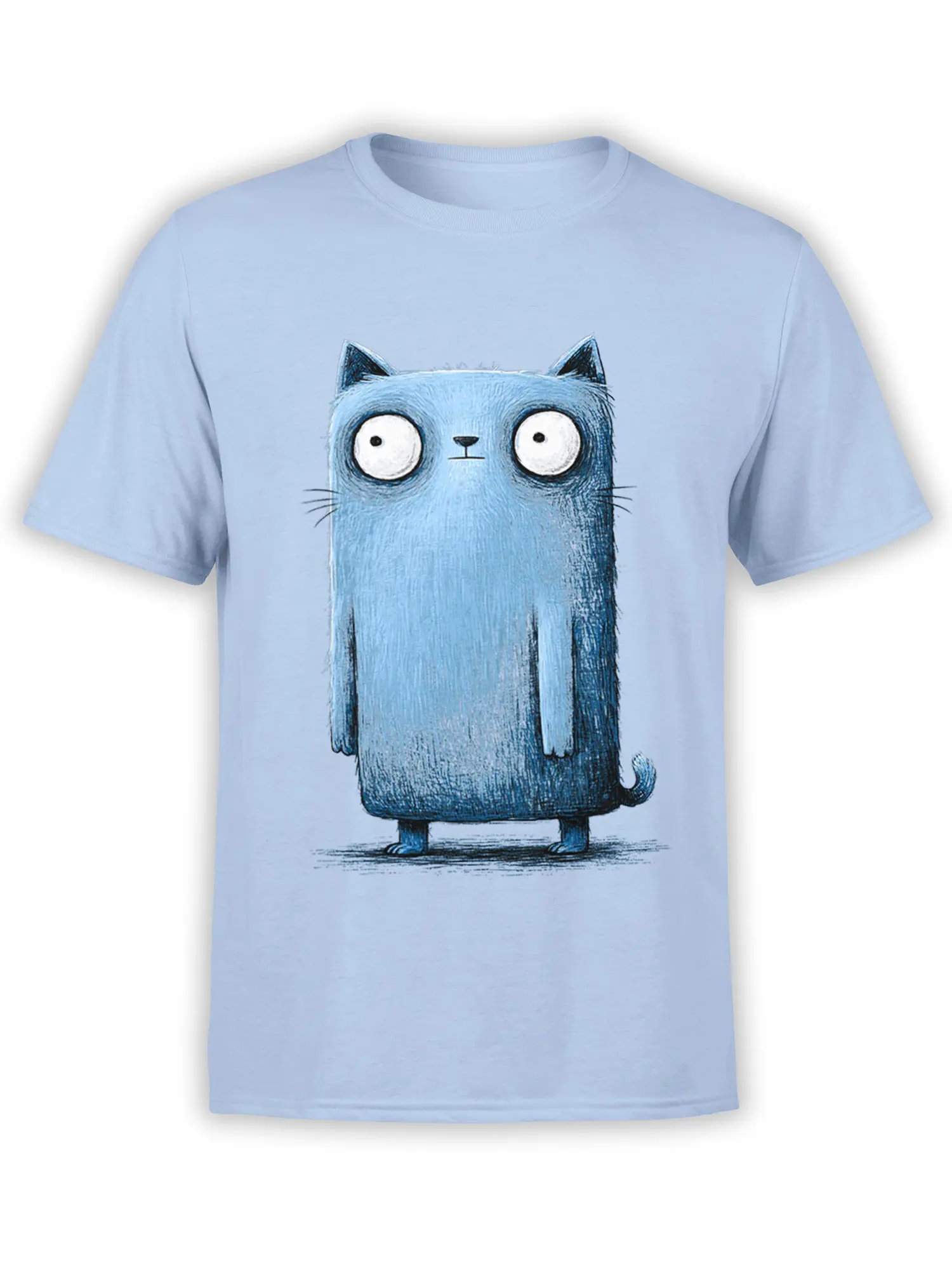 Light blue unisex t-shirt with a tall blue cartoon cat standing upright and staring with huge round eyes in a sketchy hand-drawn style.