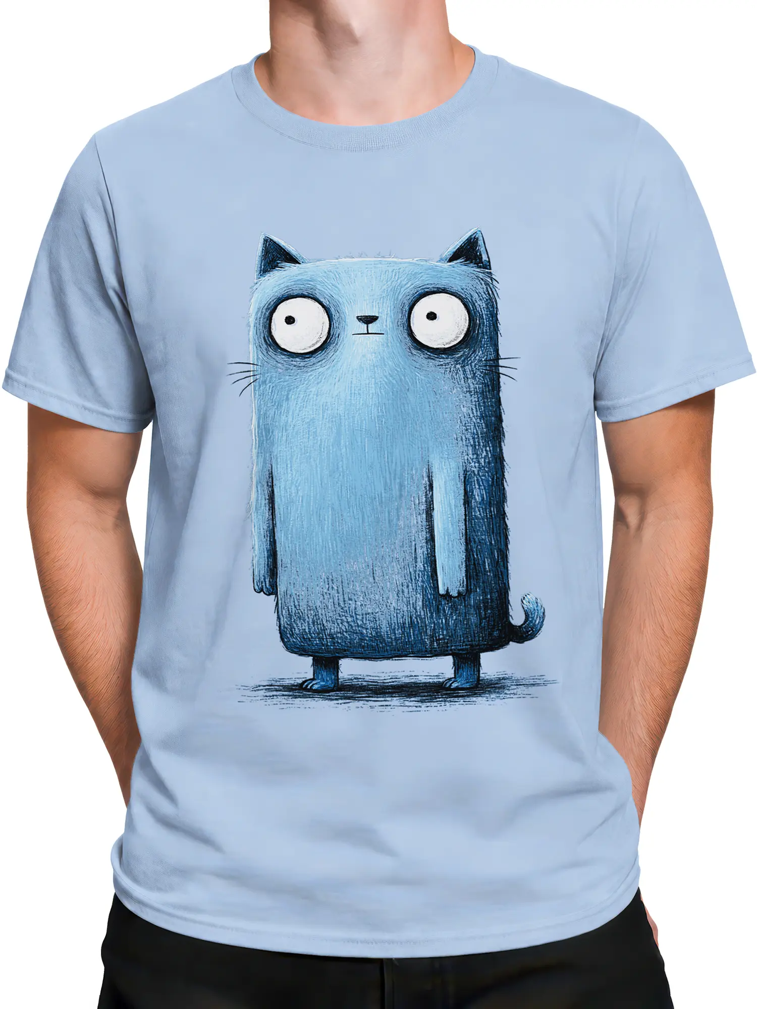 Man wearing a light blue t-shirt featuring a tall blue cartoon cat with huge staring eyes in a funny minimalist style.