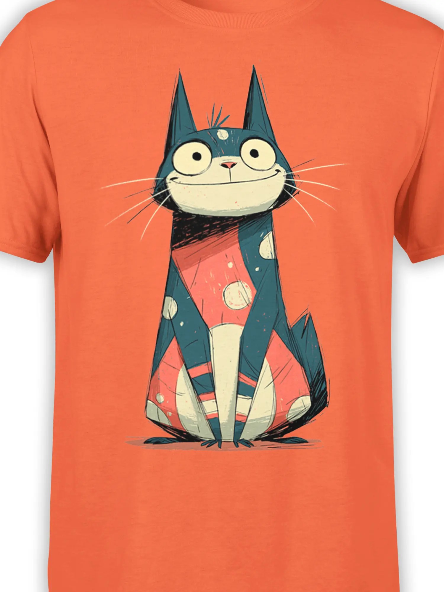 Close-up of quirky blue cartoon cat graphic with big eyes and polka dot body on bright orange cotton t-shirt
