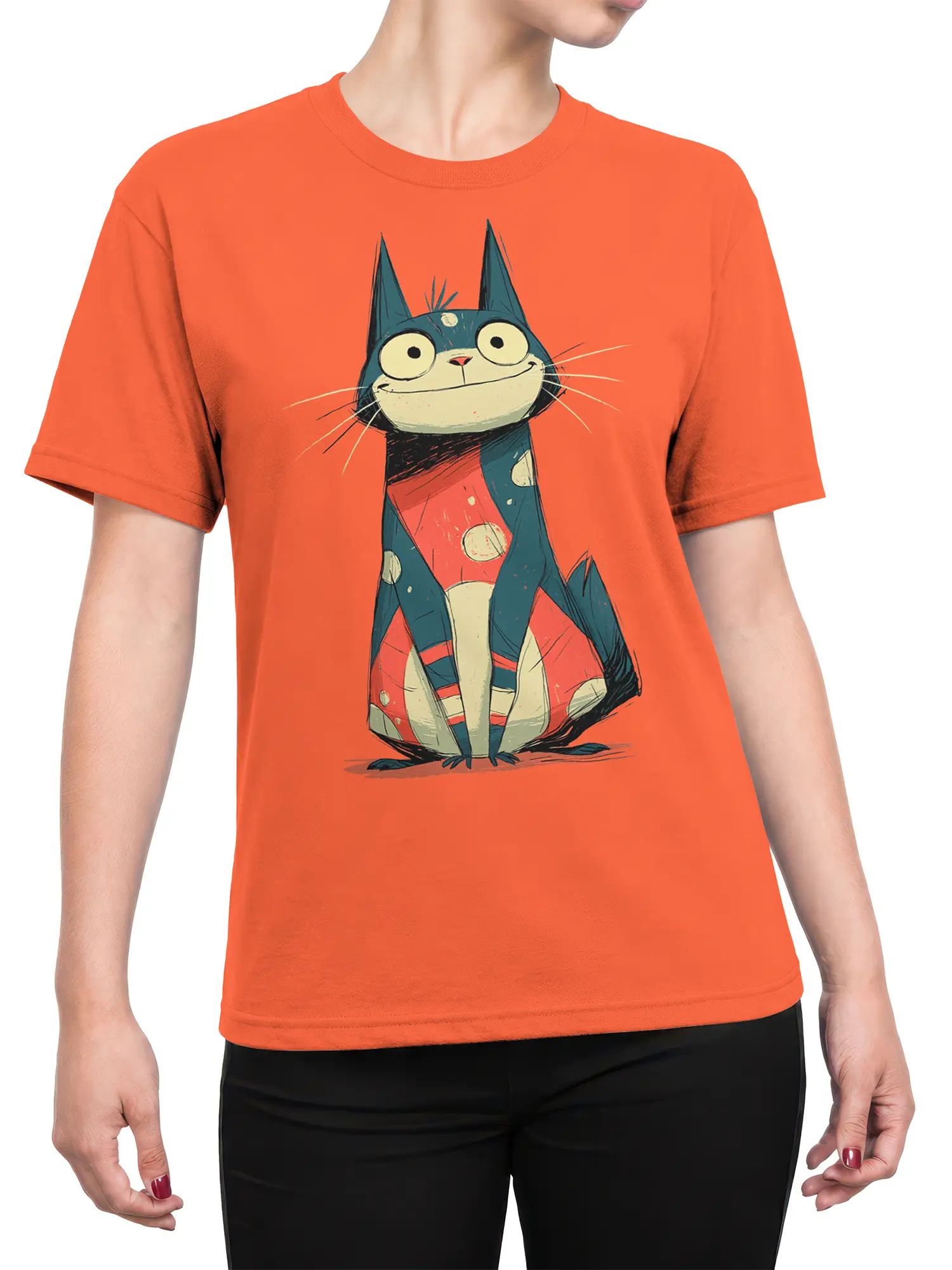 Female model wearing orange cartoon cat t-shirt with big-eyed blue cat graphic centered on the chest