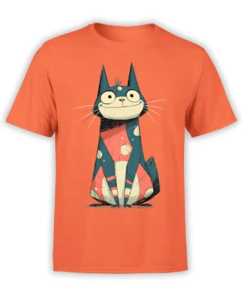 Front view of bright orange unisex t-shirt featuring a quirky blue cartoon cat with big eyes and a grinning polka dot body graphic