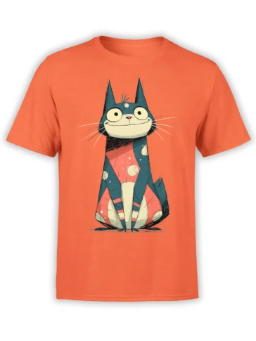Front view of bright orange unisex t-shirt featuring a quirky blue cartoon cat with big eyes and a grinning polka dot body graphic