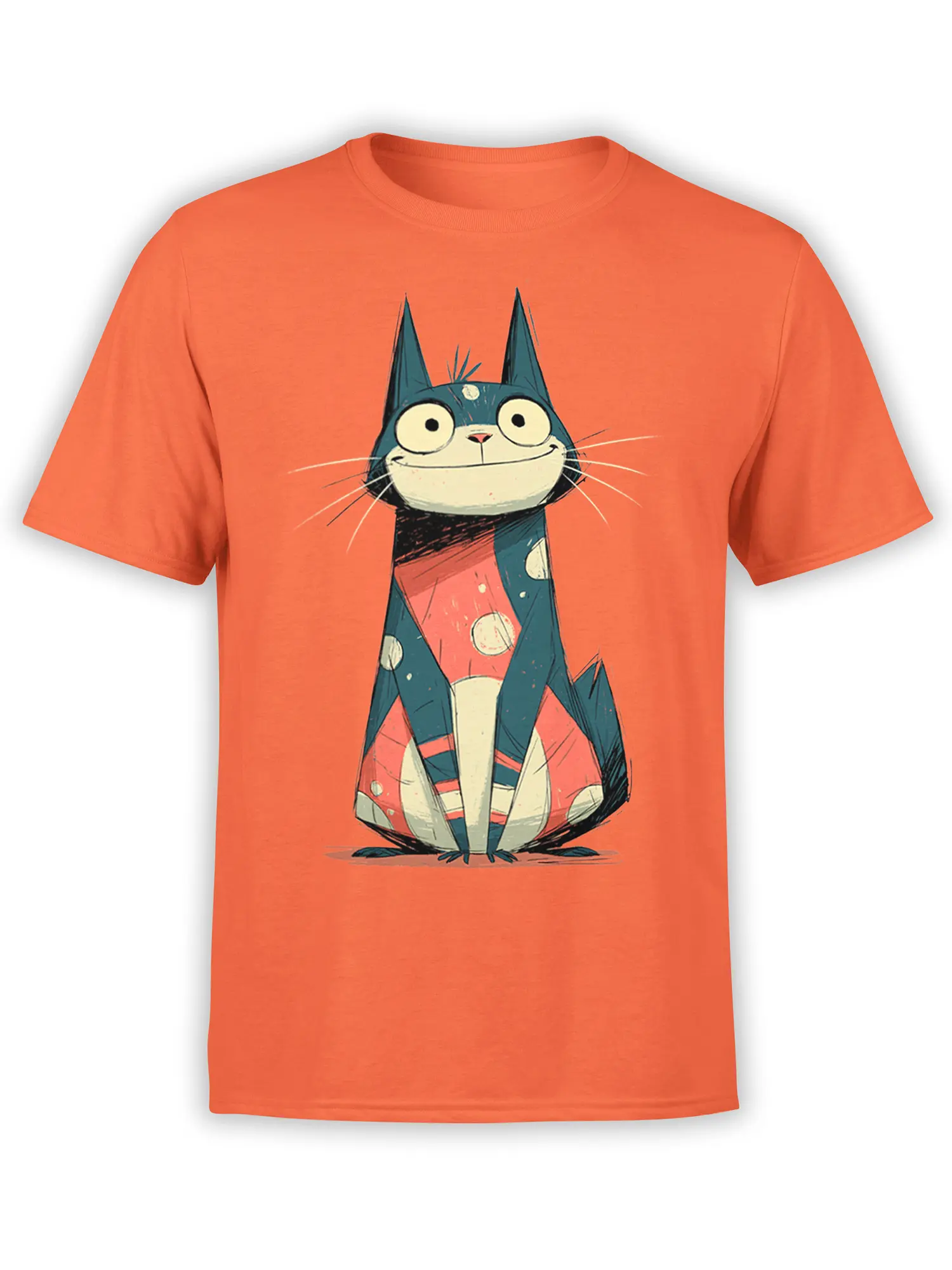 Front view of bright orange unisex t-shirt featuring a quirky blue cartoon cat with big eyes and a grinning polka dot body graphic