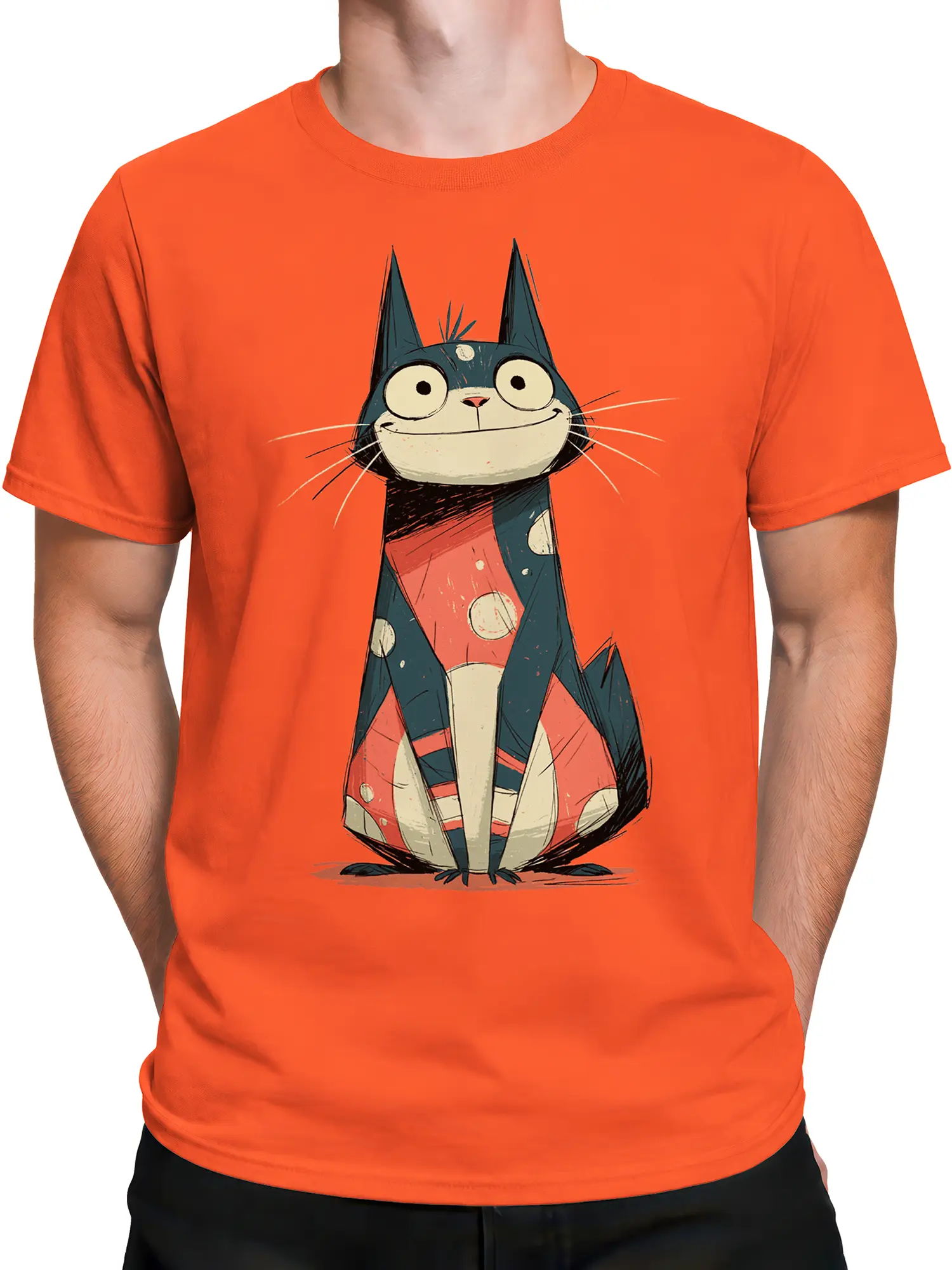 Male model wearing bright orange t-shirt with quirky blue cartoon cat and polka dot body graphic