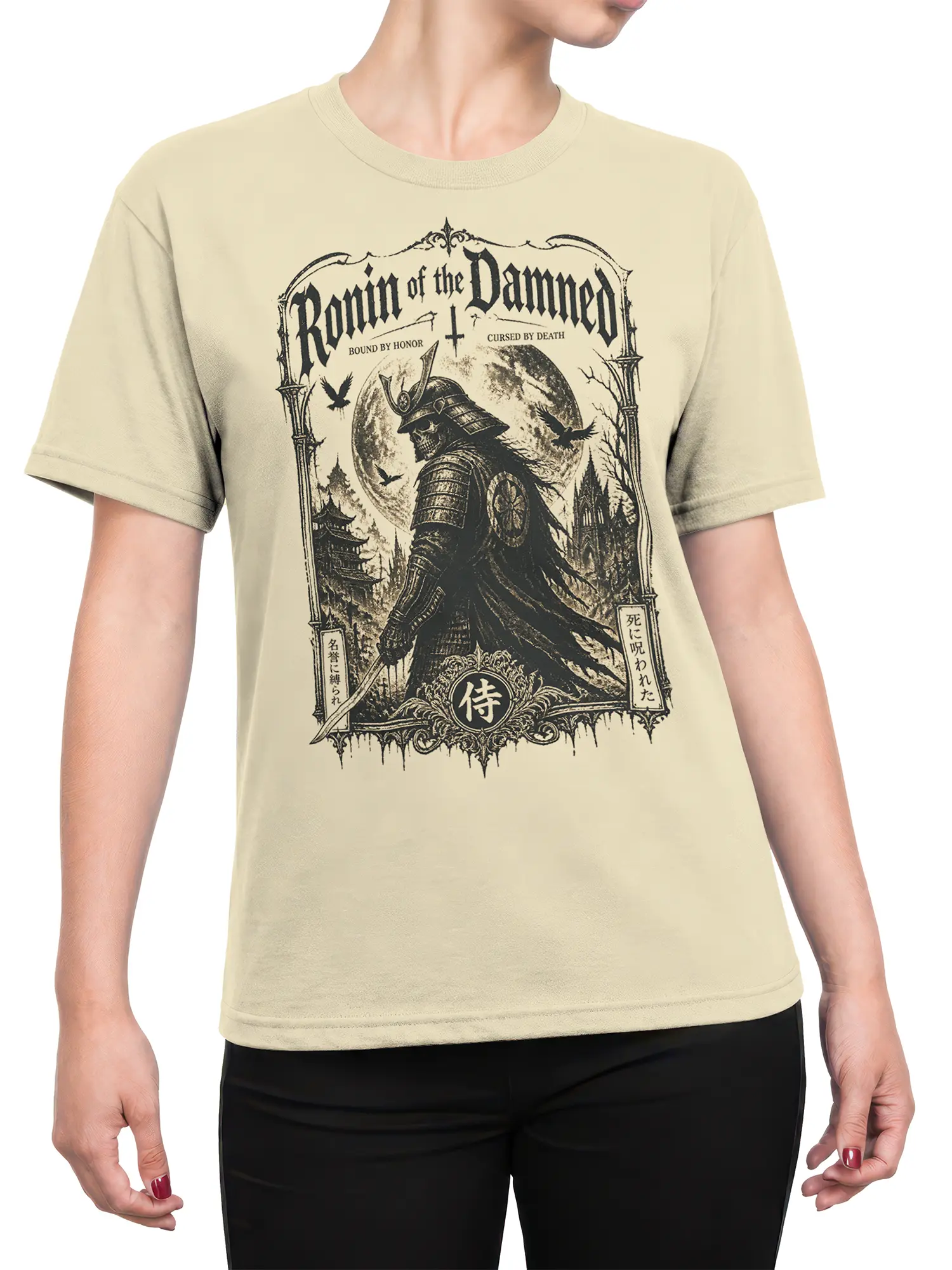 Woman wearing beige undead samurai ronin t-shirt with dark moonlit warrior and ravens artwork on the front