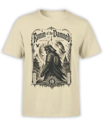 Undead samurai warrior graphic with full moon and ravens printed in black ink on a beige unisex t-shirt with ornate gothic frame
