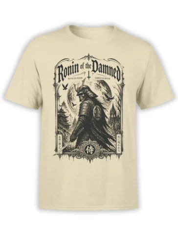 Undead samurai warrior graphic with full moon and ravens printed in black ink on a beige unisex t-shirt with ornate gothic frame