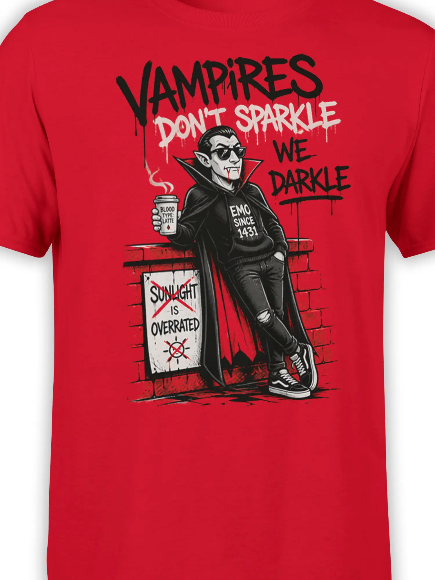 Close-up of emo vampire artwork and “Vampires Don’t Sparkle We Darkle” text on bright red shirt