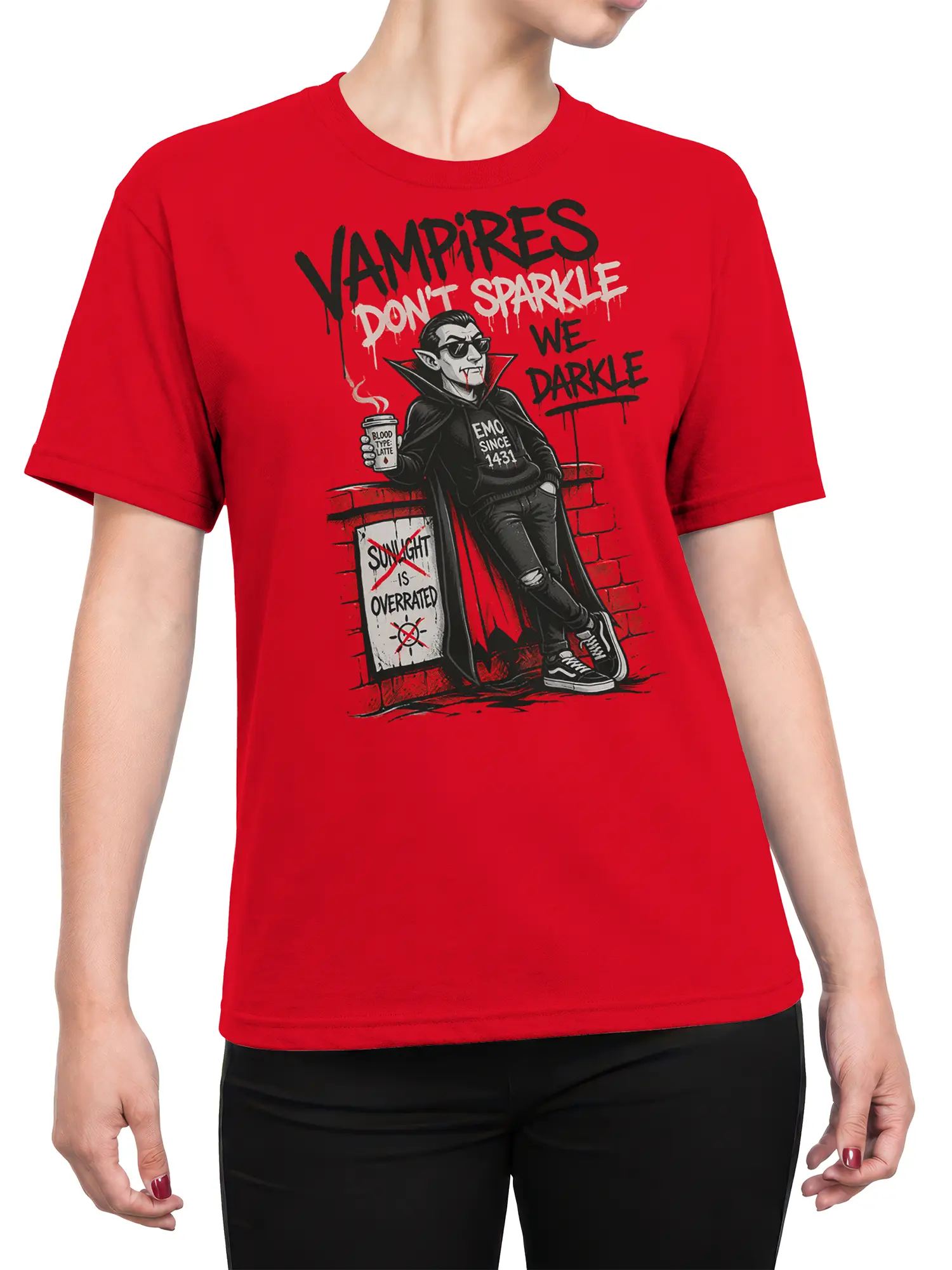 Woman wearing red vampire graphic tee with emo vampire and “Vampires Don’t Sparkle We Darkle” graffiti design