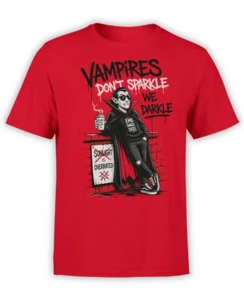 Front view of red unisex t-shirt with emo vampire illustration and “Vampires Don’t Sparkle We Darkle” graffiti slogan in bold black and white