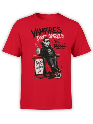 Front view of red unisex t-shirt with emo vampire illustration and “Vampires Don’t Sparkle We Darkle” graffiti slogan in bold black and white