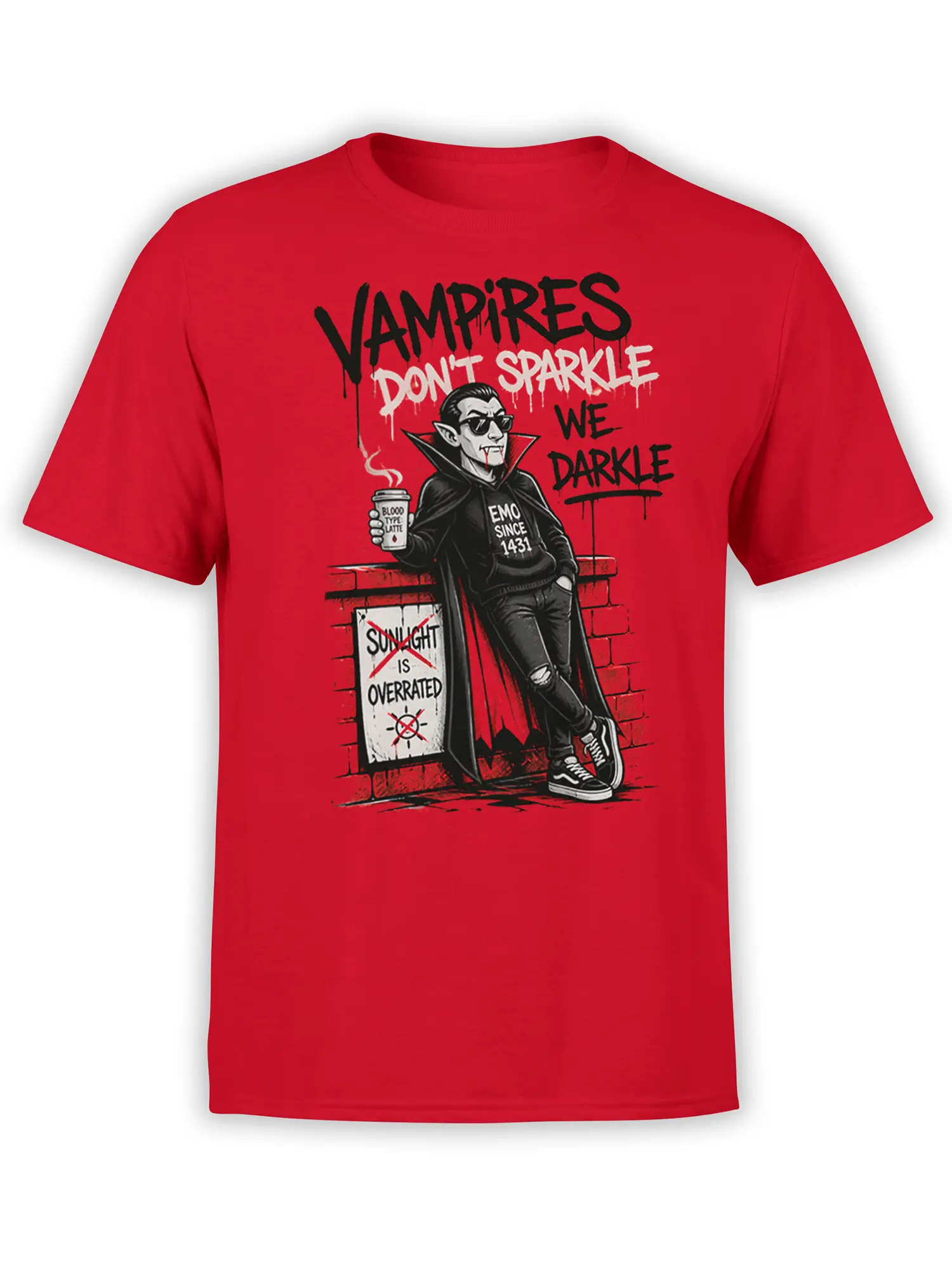 Front view of red unisex t-shirt with emo vampire illustration and “Vampires Don’t Sparkle We Darkle” graffiti slogan in bold black and white