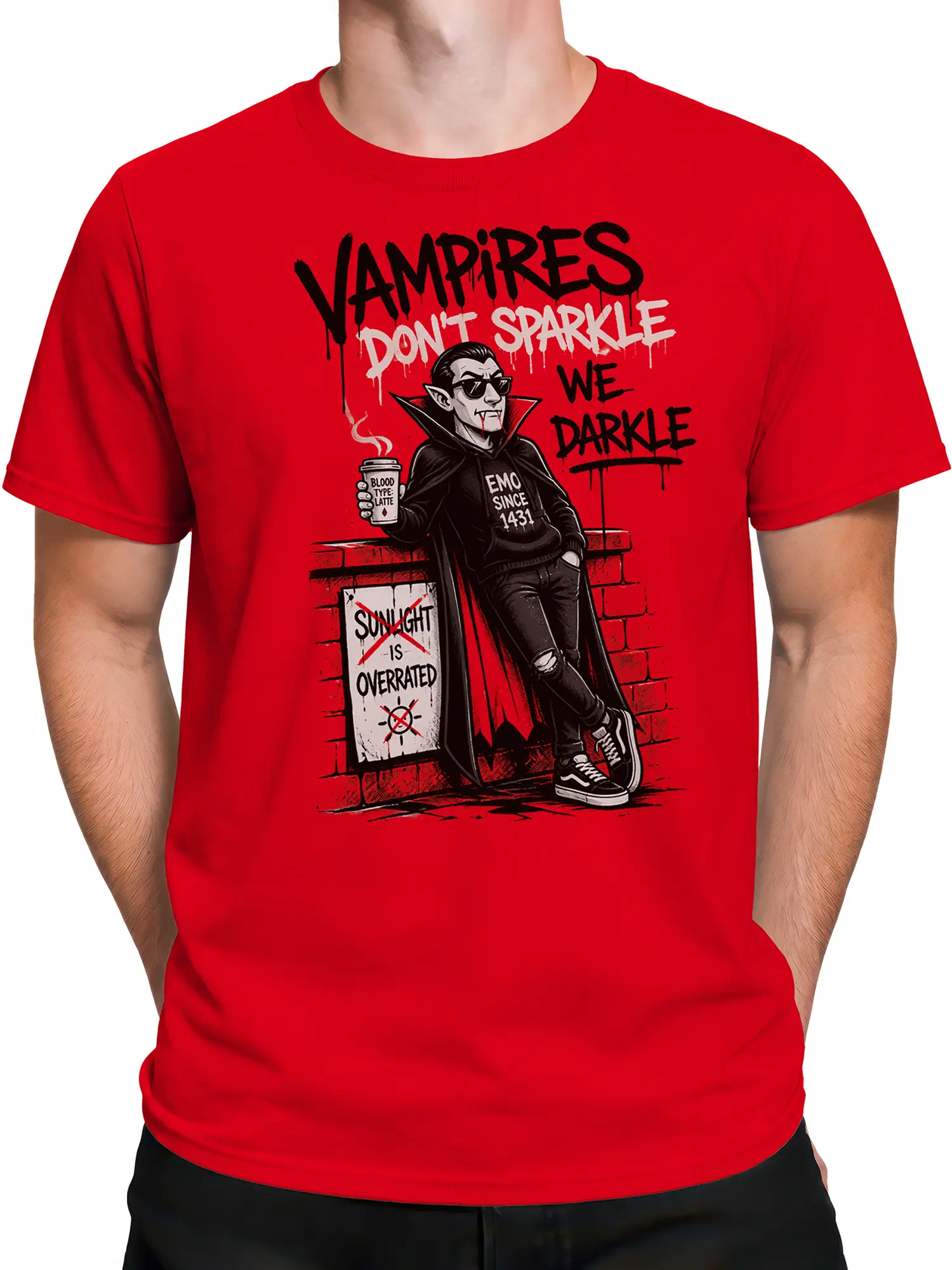 Man wearing red emo vampire t-shirt with “Vampires Don’t Sparkle We Darkle” graffiti print