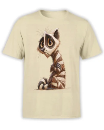 Beige unisex T-shirt with a sad striped cartoon cat illustration featuring huge eyes and sketchy hand-drawn lines