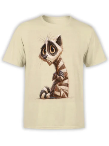 Beige unisex T-shirt with a sad striped cartoon cat illustration featuring huge eyes and sketchy hand-drawn lines