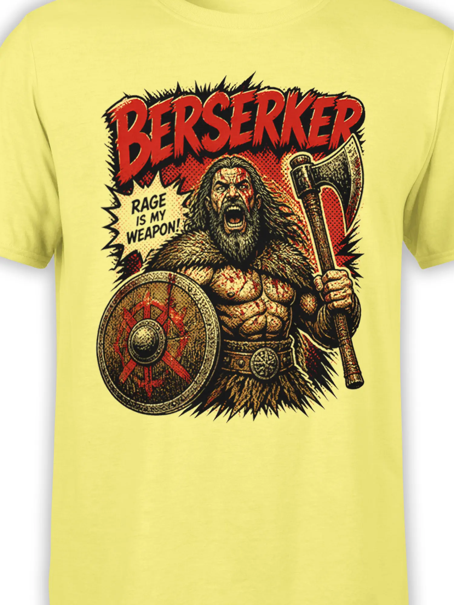 Close-up of Viking berserker graphic with axe, shield, and Rage Is My Weapon text on yellow cotton fabric