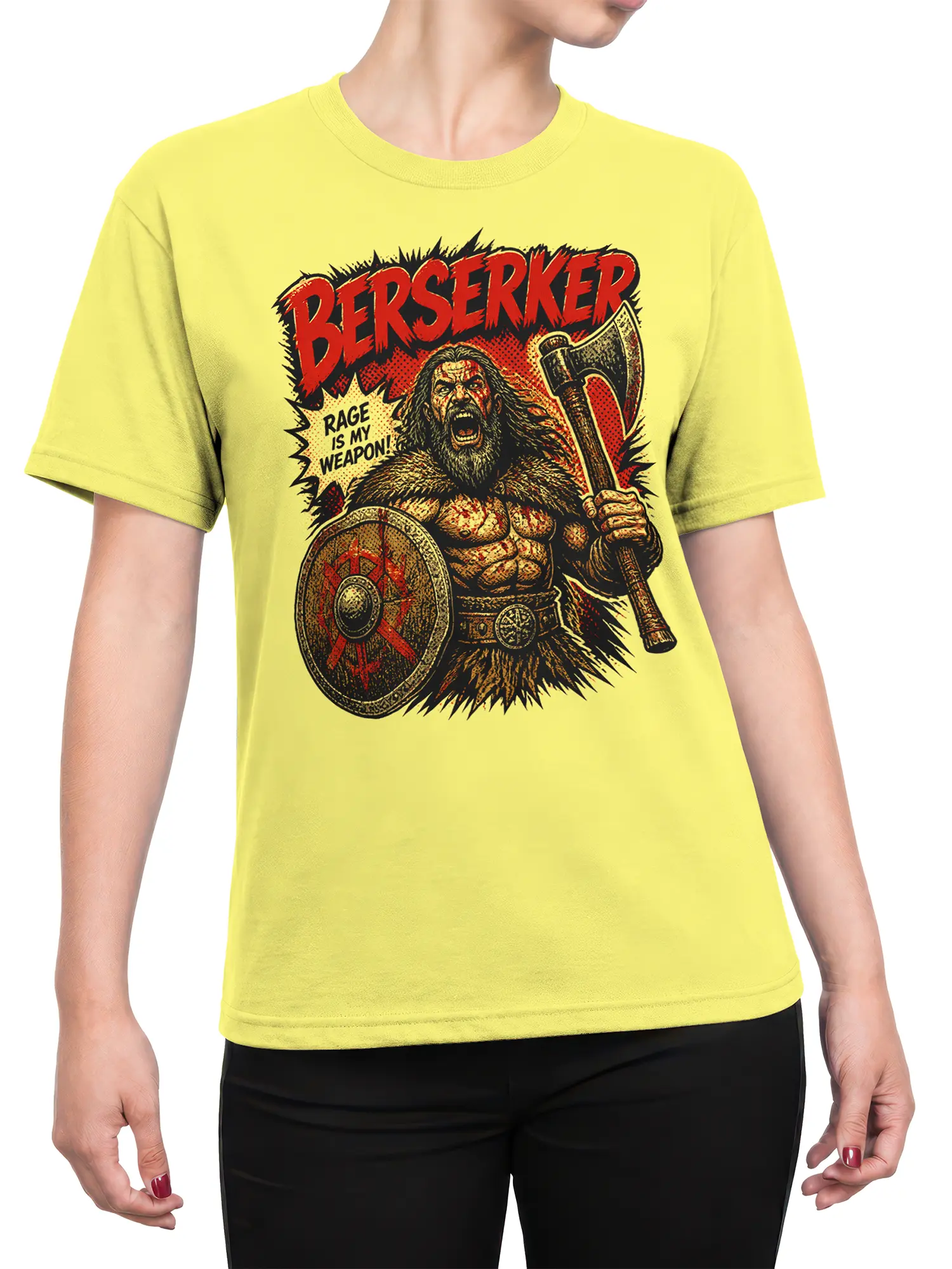 Woman wearing yellow Viking berserker graphic tee with bold warrior and axe artwork on front