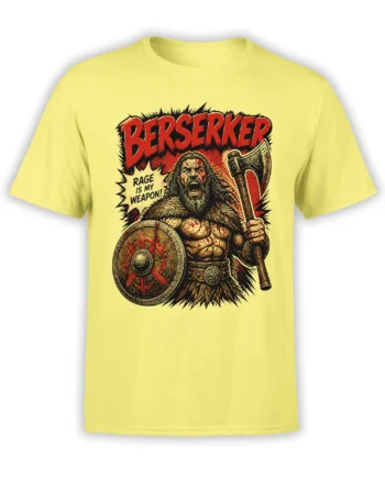 Yellow unisex T-shirt with Viking berserker graphic, axe and shield artwork, and bold Berserker text in red comic style on the chest