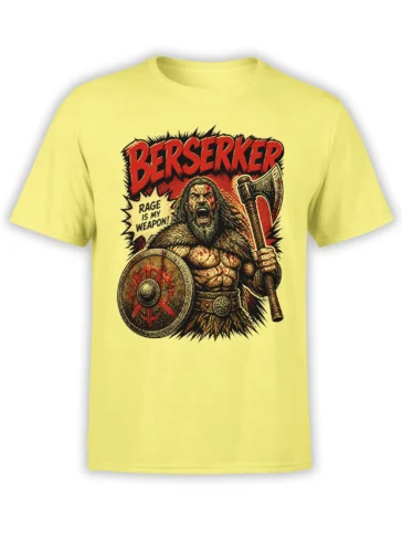 Yellow unisex T-shirt with Viking berserker graphic, axe and shield artwork, and bold Berserker text in red comic style on the chest