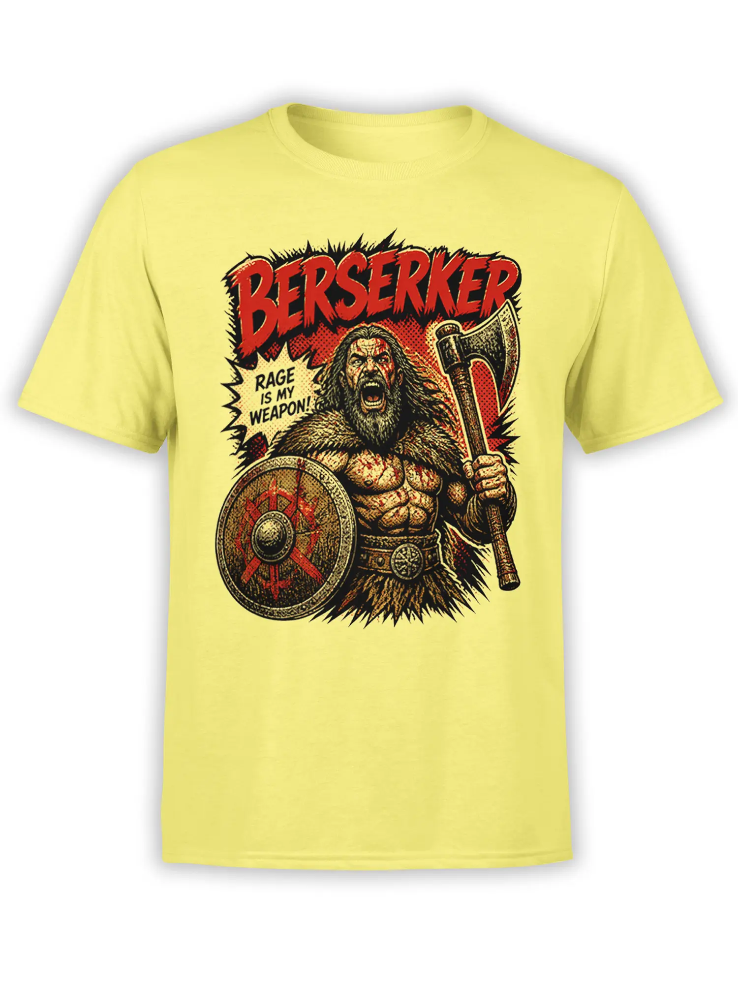 Yellow unisex T-shirt with Viking berserker graphic, axe and shield artwork, and bold Berserker text in red comic style on the chest