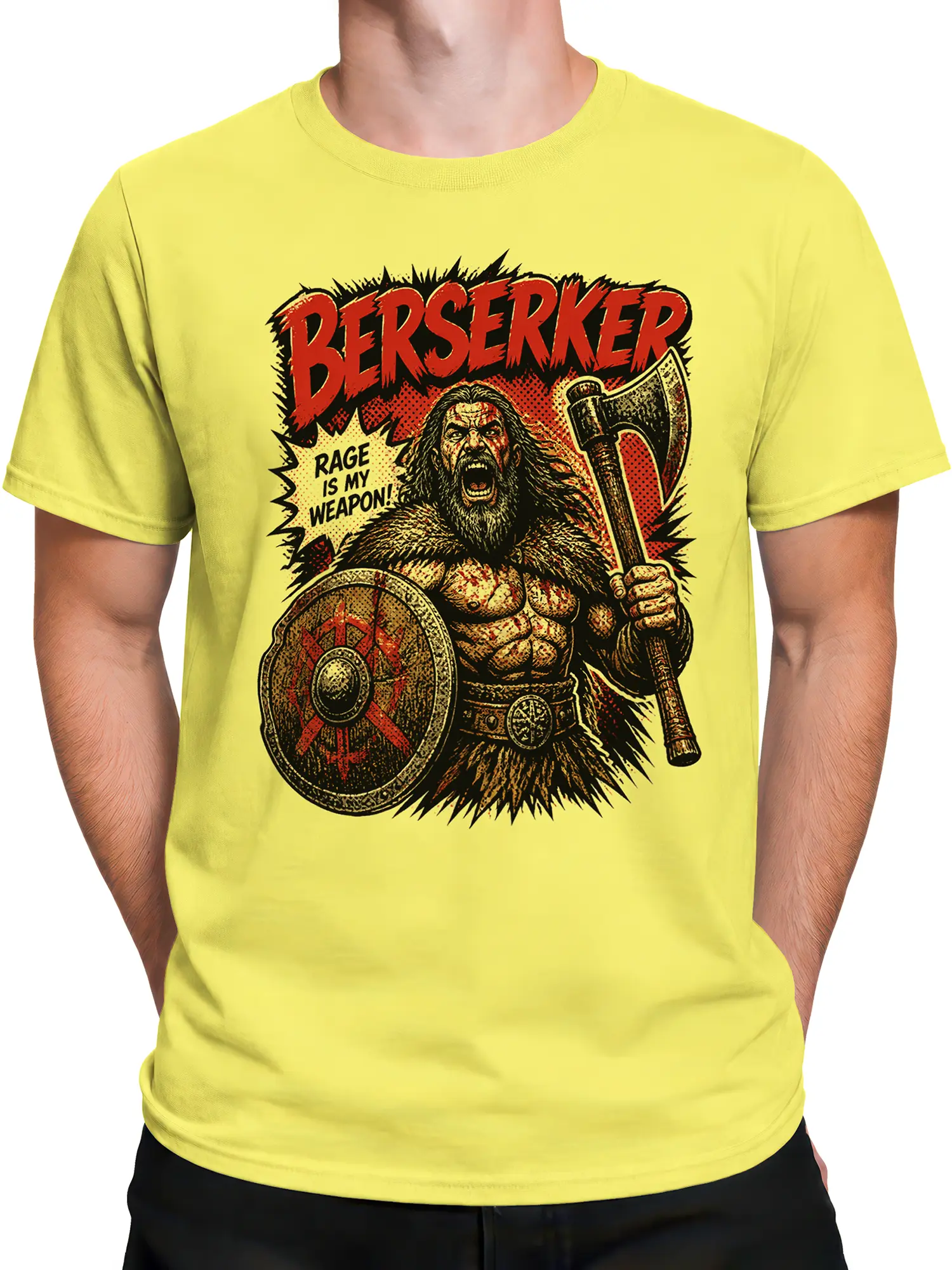 Man wearing yellow Viking berserker T-shirt with comic-style warrior, axe, and shield print