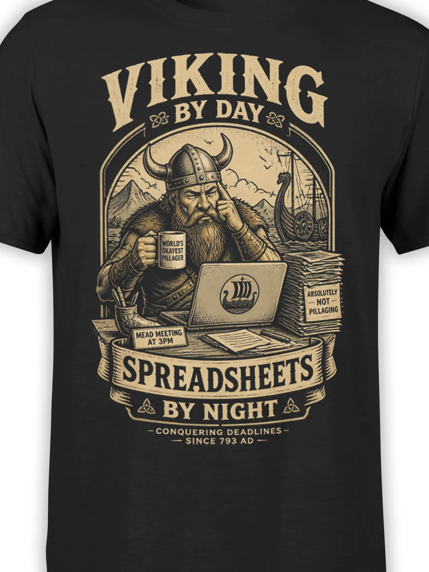 close-up of viking at laptop with coffee mug and spreadsheet piles on black shirt with vintage beige print