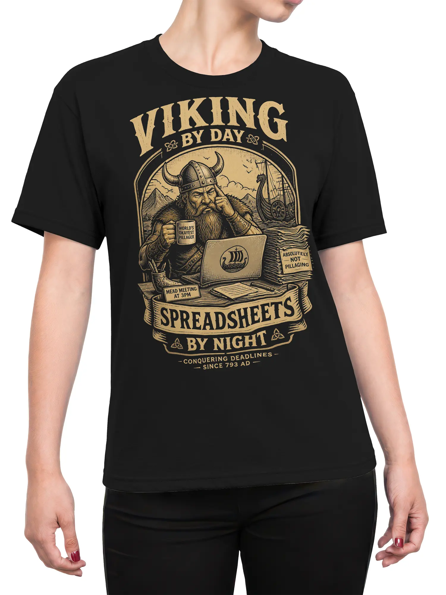 female model wearing black viking spreadsheet warrior shirt with laptop and deadlines graphic