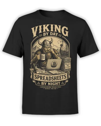 black unisex t-shirt with vintage-style viking office worker at laptop graphic and funny spreadsheet warrior text