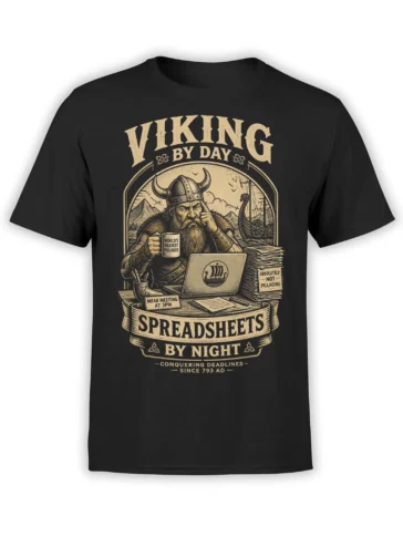 black unisex t-shirt with vintage-style viking office worker at laptop graphic and funny spreadsheet warrior text