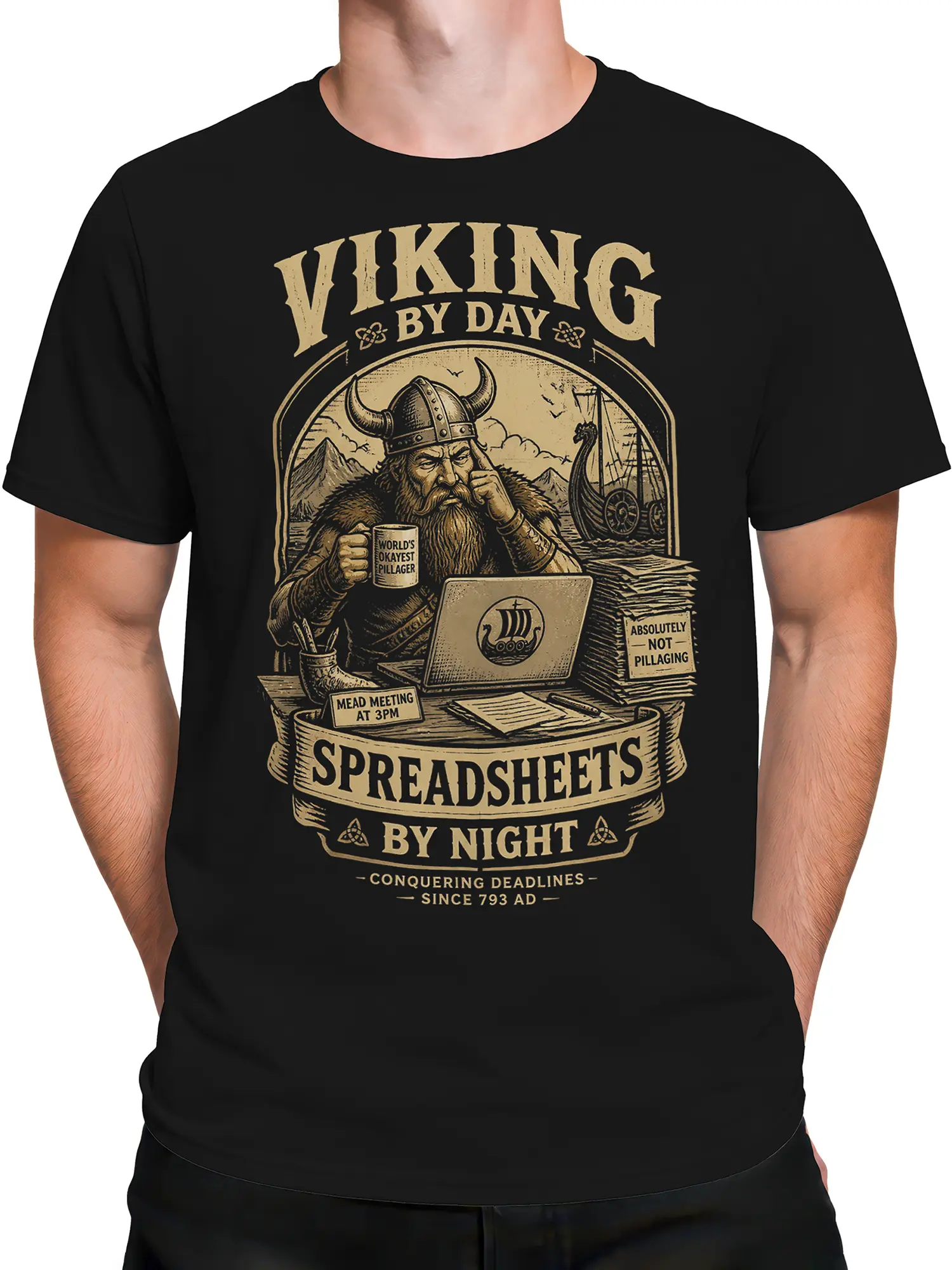 male model in black viking office warrior t-shirt with laptop and spreadsheets artwork
